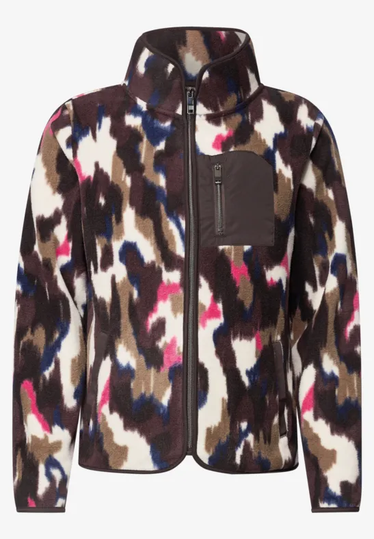 Zachte fleecejas met abstract camouflagedessin in bruin, wit, zwart, roze en blauw.