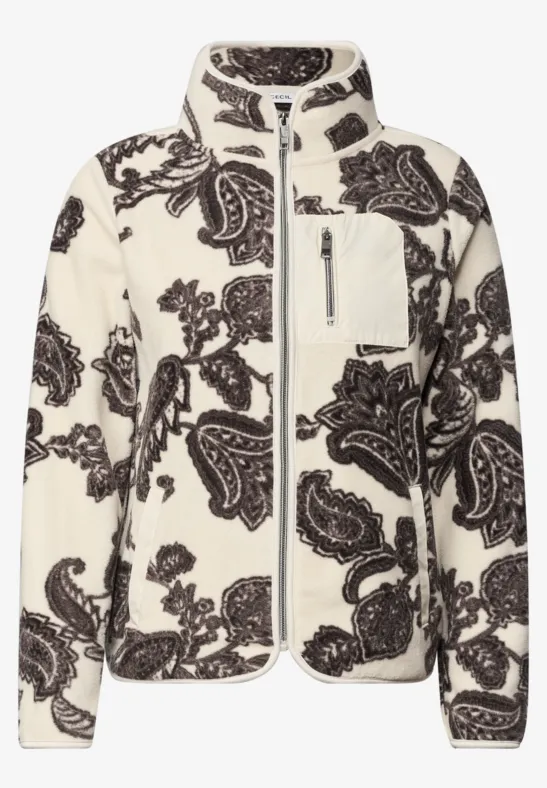 Beige Fleecejacke mit schwarzem Paisley-Muster, Reißverschlussfront, Stehkragen und Brusttasche.