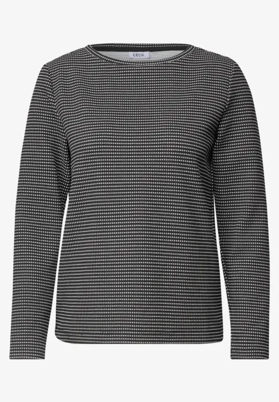 Langärmliges gestreiftes Damen-Shirt mit Rundhalsausschnitt in Schwarz-Weiß