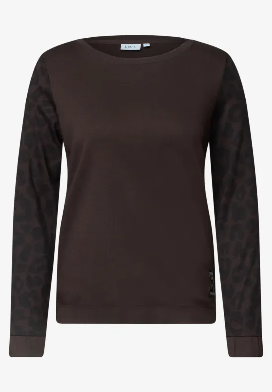Dunkelbrauner Damenpullover mit unifarbenem Körper und gemusterten Ärmeln, Rundhalsausschnitt.