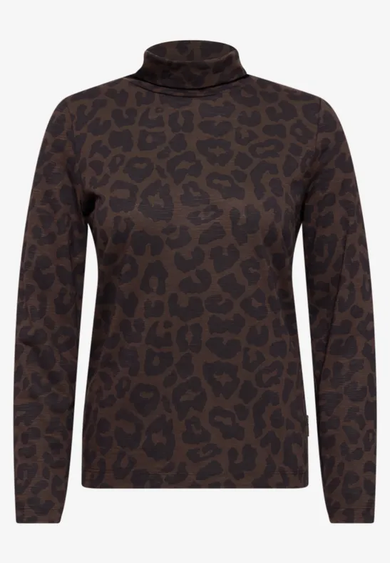 Brauner Rollkragenpullover mit Leopardenmuster und langen Ärmeln.