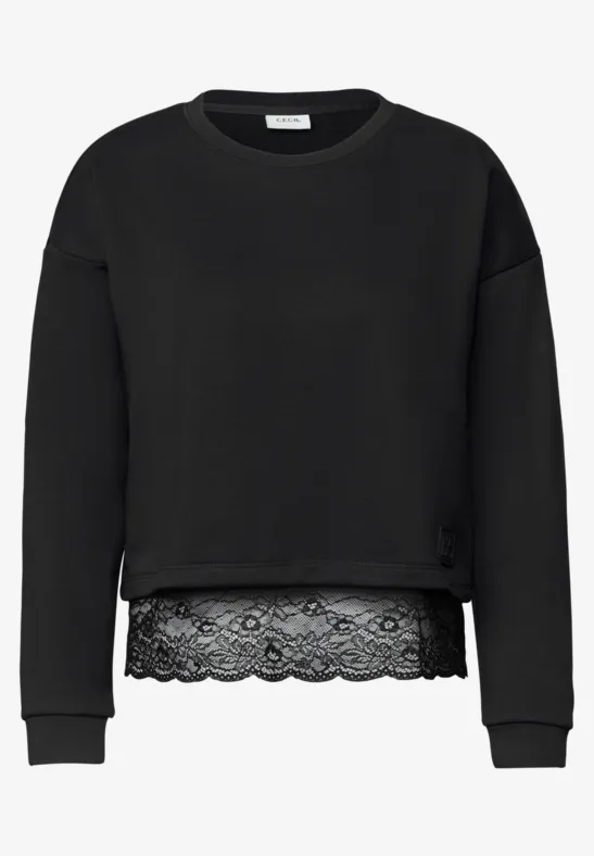 Schwarzer, kurz geschnittener Pullover mit Rundausschnitt und Spitzenbesatz am Saum.