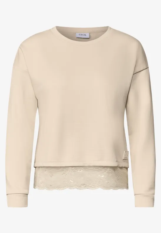 Beiger Damenpullover mit Spitzenbesatz am Saum