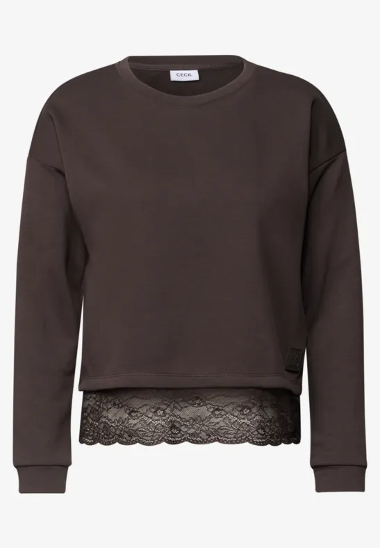 Donkerbruin sweatshirt met ronde hals en kanten rand onderaan.