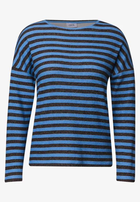 Langärmeliges gestreiftes Shirt in Blau und Schwarz mit Rundhalsausschnitt.
