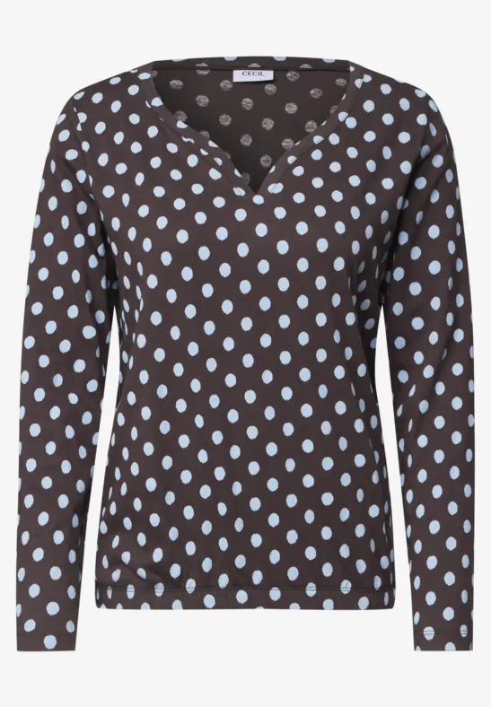 Damen-Langarmshirt in Braun mit hellblauen Polka-Dots und V-Ausschnitt.