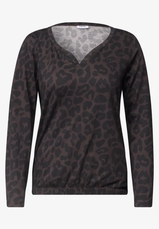 Damen-Langarmshirt mit V-Ausschnitt und dunklem Leopardenmuster.