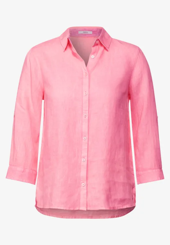 Linnen blouse met 3/4-mouwen soft neon pink