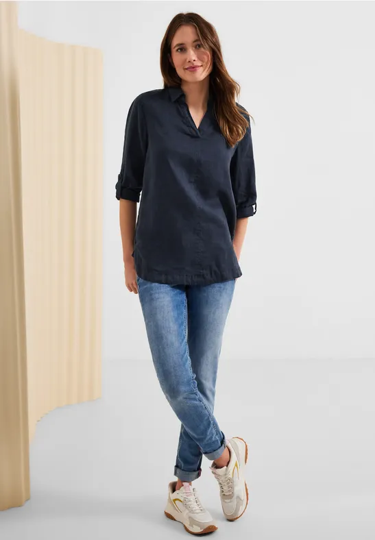 Leinen Longbluse in Unifarbe deep blue