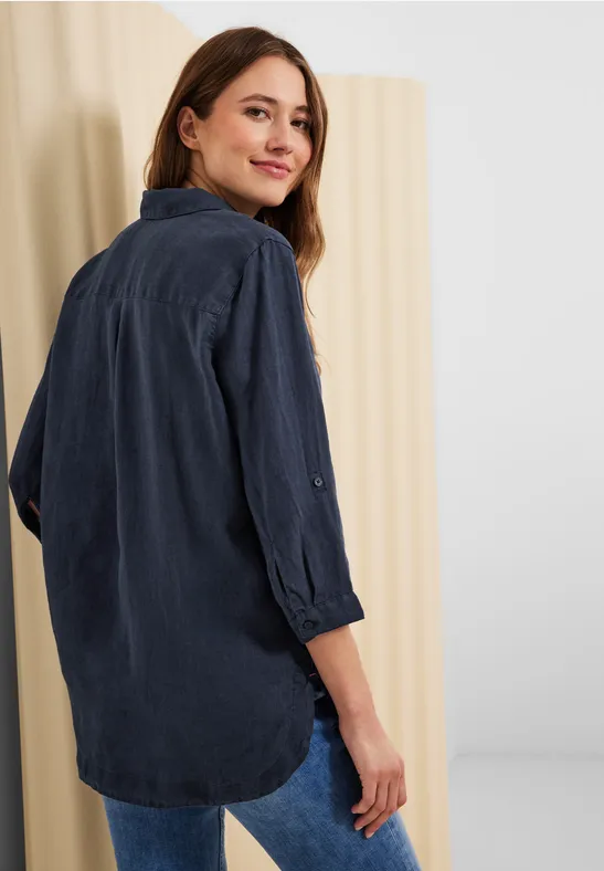 Leinen Longbluse in Unifarbe deep blue