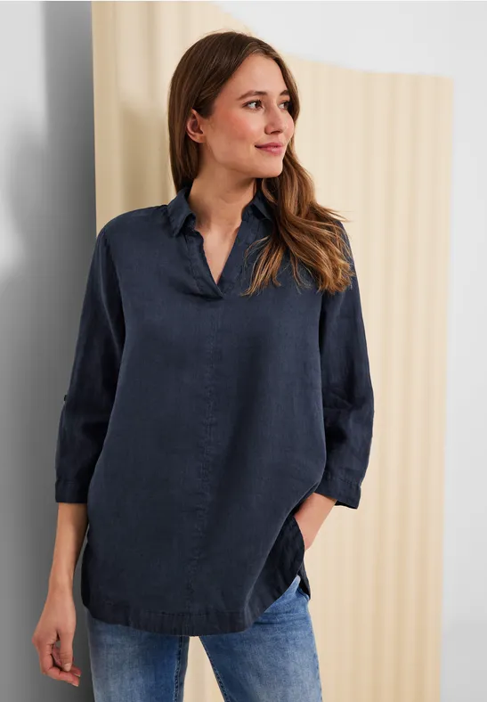 Leinen Longbluse in Unifarbe deep blue