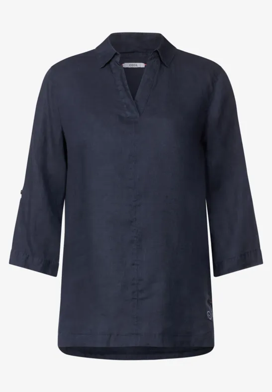 Leinen Longbluse in Unifarbe deep blue