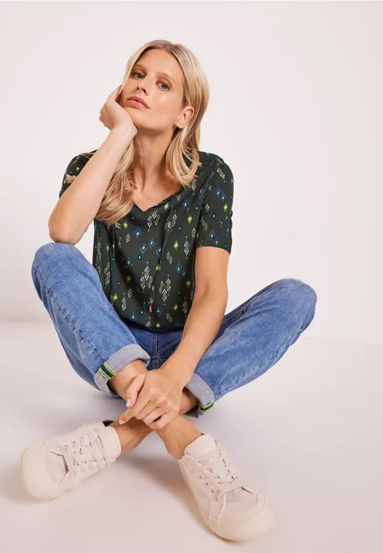 Blouse met onopvallende print easy khaki