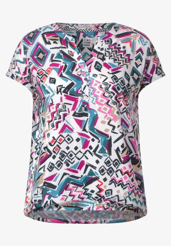 Blouse met print en elastische zoom vanilla white