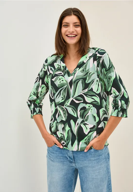 Gemusterte Baumwollbluse ink green