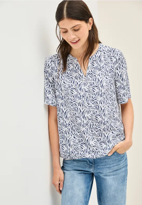 Gemusterte Split Neck Bluse vanilla white