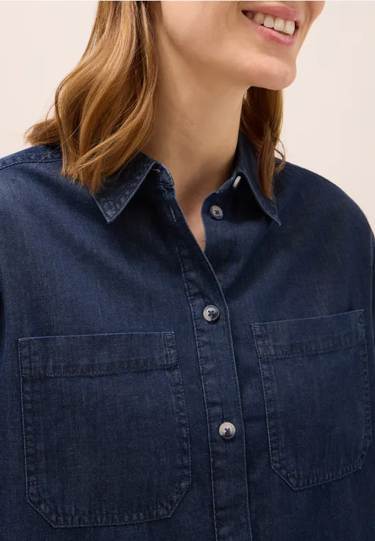 Denim Look Baumwollhemdbluse mid blue wash