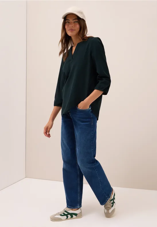 Corduroy blouse met gespleten hals ink green