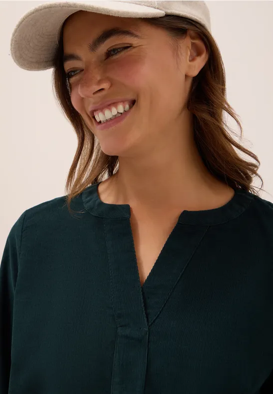 Corduroy blouse met gespleten hals ink green