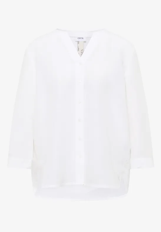 Weißes, locker geschnittenes Damenbluse mit V-Ausschnitt und Knopfleiste.