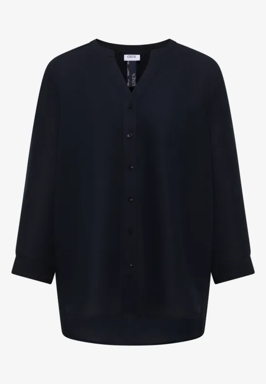 Schwarze, locker sitzende Bluse mit V-Ausschnitt, durchgehender Knopfleiste, 3/4-Ärmeln und abgerundetem Saum.