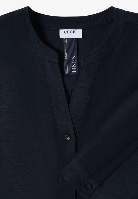 Dunkelblaue Leinenbluse mit Knopfverschluss und Rundhalsausschnitt