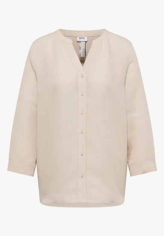 Bluzka koszulowa z lnianym rękawem 3/4 macadamia beige