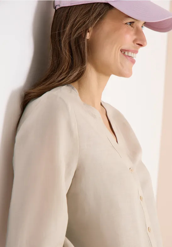 Bluzka koszulowa z lnianym rękawem 3/4 macadamia beige