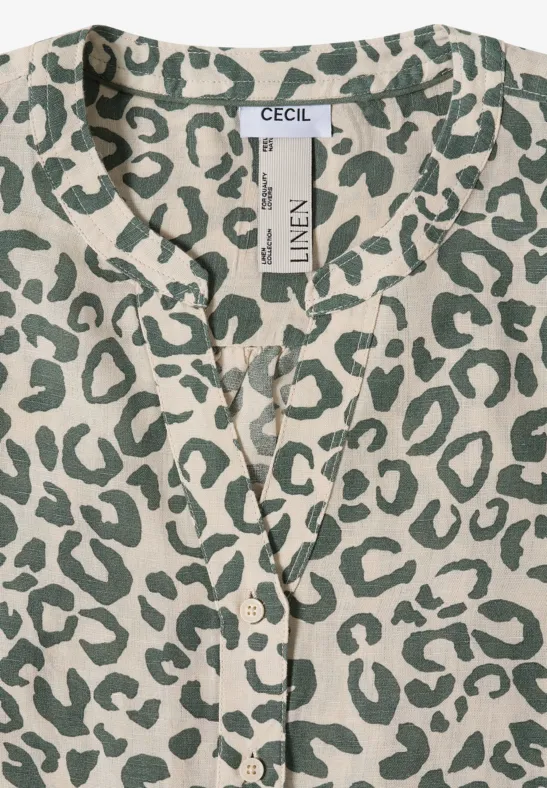 Blouse à motif léopard en lin mélangé macadamia beige
