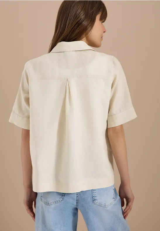 Kurzarm Hemdbluse aus reinem Leinen macadamia beige