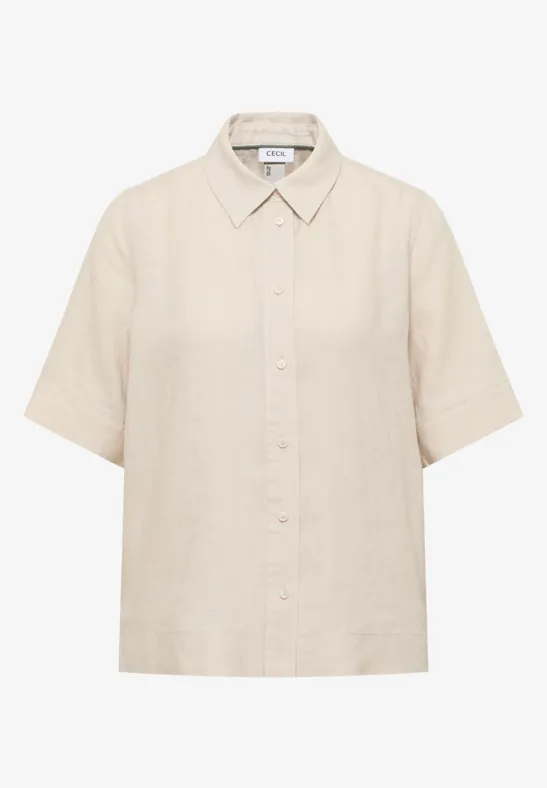 Kurzarm Hemdbluse aus reinem Leinen macadamia beige