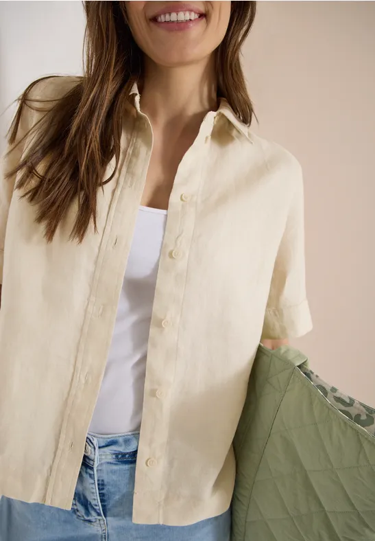 Kurzarm Hemdbluse aus reinem Leinen macadamia beige