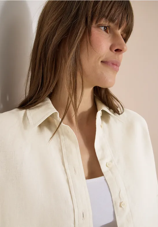 Kurzarm Hemdbluse aus reinem Leinen macadamia beige