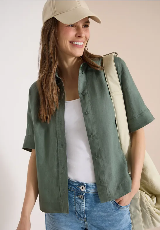 Kurzarm Hemdbluse aus reinem Leinen just khaki