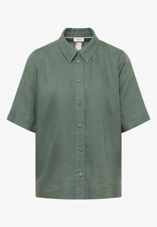 Kurzarm Hemdbluse aus reinem Leinen just khaki
