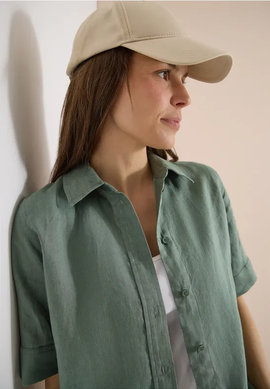 Kurzarm Hemdbluse aus reinem Leinen just khaki