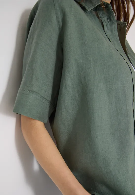 Kurzarm Hemdbluse aus reinem Leinen just khaki
