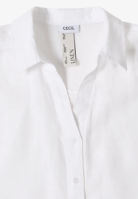 Weiße Leinenbluse mit Hemdkragen und Knopfleiste, Markenlabel 'Cecil' innen.