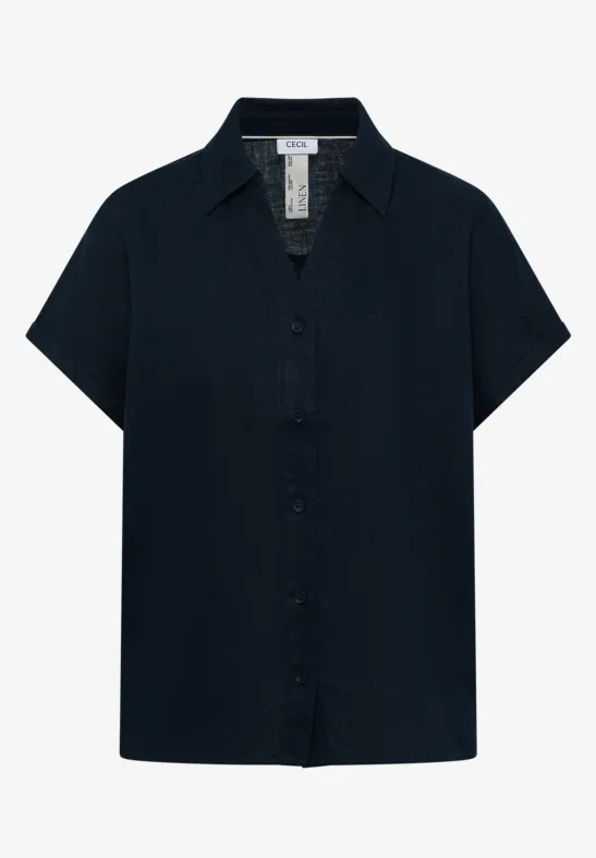 Dunkelblaue Kurzarm-Bluse mit Knopfleiste und Hemdkragen.