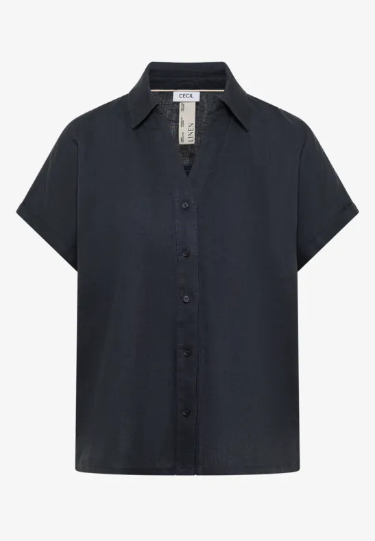Dunkelblaues, kurzärmeliges Hemd mit Knopfleiste und offenem Kragen.