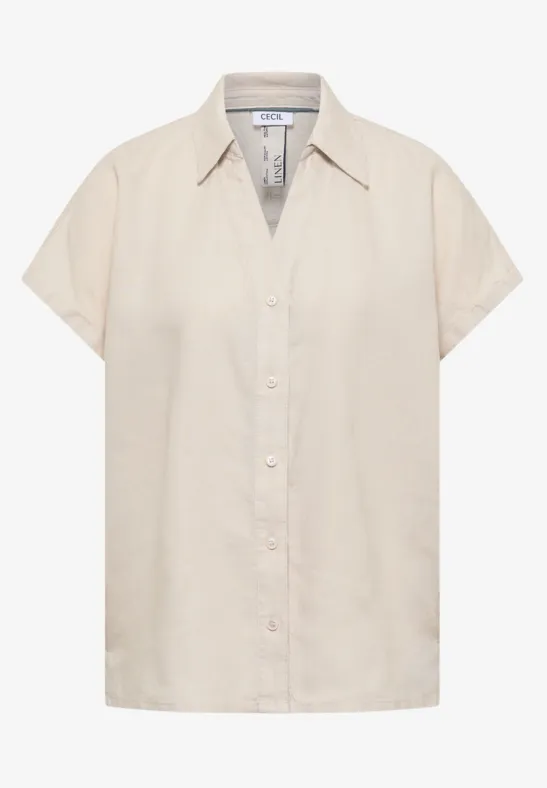 Beige kurzärmlige Bluse mit Hemdkragen und Knopfleiste.