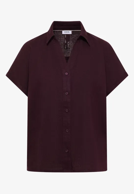 Dunkellila Kurzarm-Bluse mit Knopfleiste und Hemdkragen