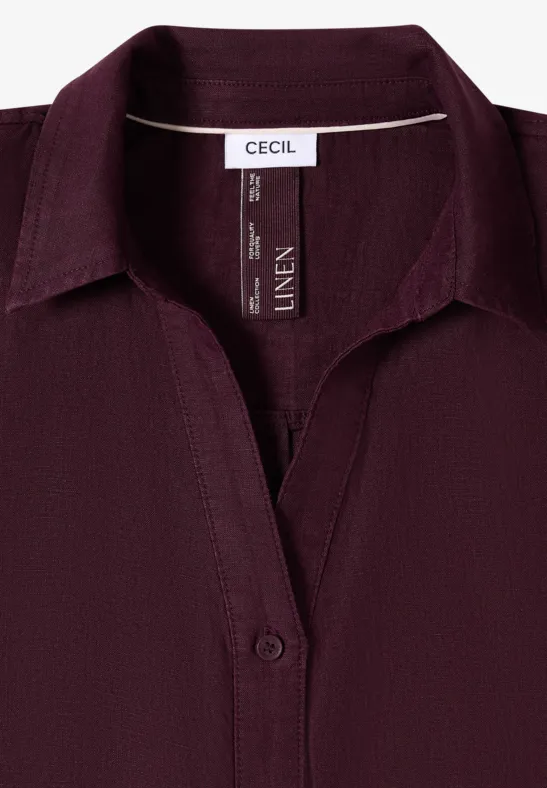 Dunkelviolette Leinenbluse mit Hemdkragen und Knopfleiste, Marke CECIL.