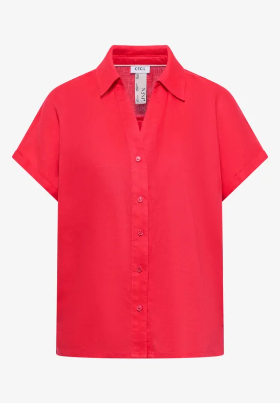 Rotes Kurzarmhemd mit Kragen und Knopfleiste.