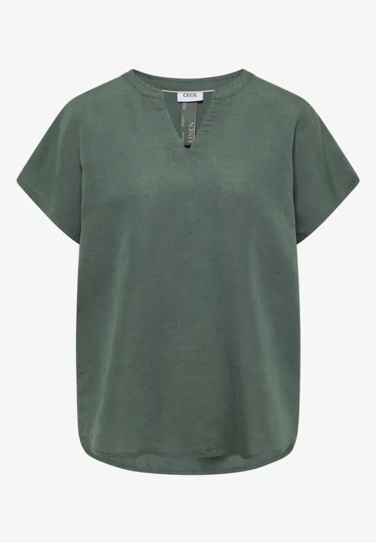 Grünes Damen-T-Shirt mit kurzen Ärmeln und dezentem V-Ausschnitt, lockerer Schnitt.