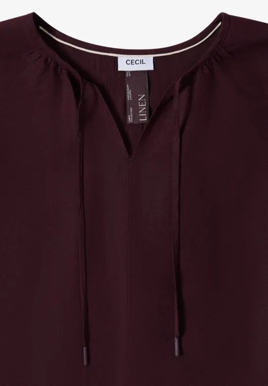 Dunkelrotes Leinen-Oberteil mit V-Ausschnitt und Tunnelzugkordeln