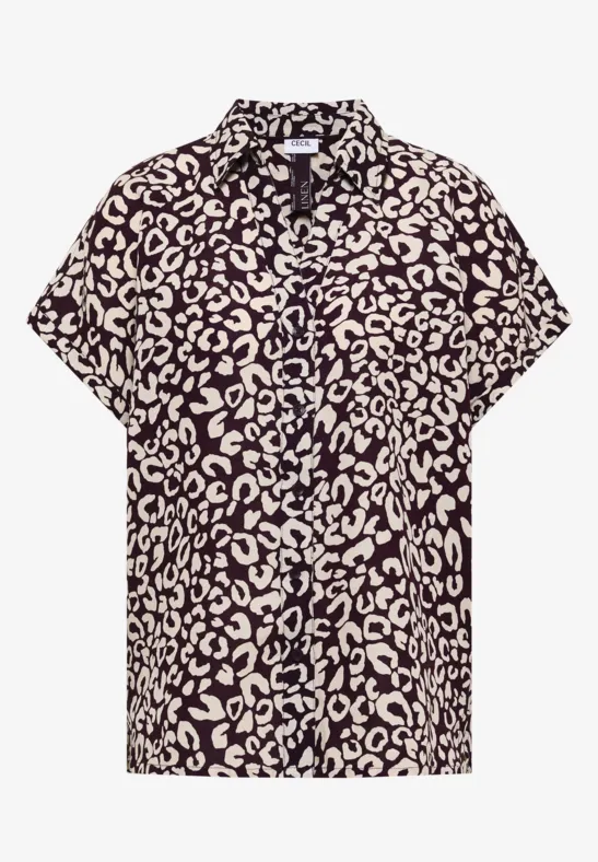 Kurzärmlige, schwarze Bluse mit beigem Leopardenmuster und Schleifenkragen