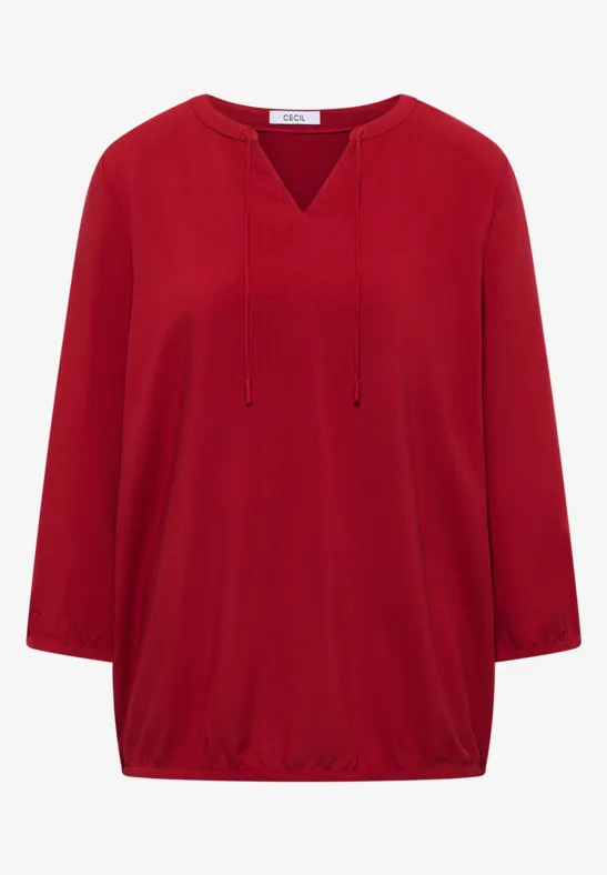 Rotes, leger geschnittenes Damenoberteil mit 3/4-Ärmeln, V-Ausschnitt und Kordelzug.