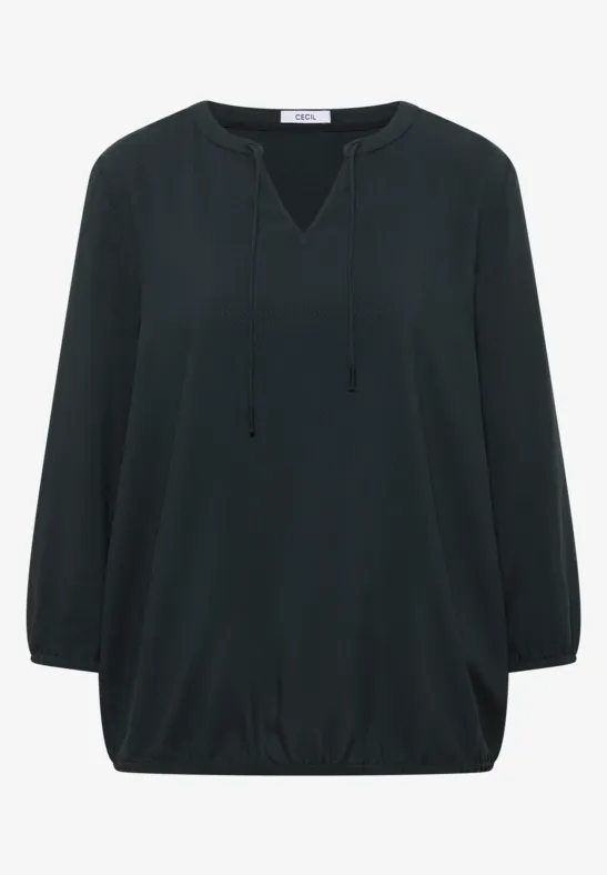 Dunkelgrüne, lockere Bluse mit V-Ausschnitt, Tunnelzug und langen Ärmeln.