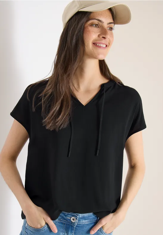 Blouse met korte mouwen en structuurmix Black